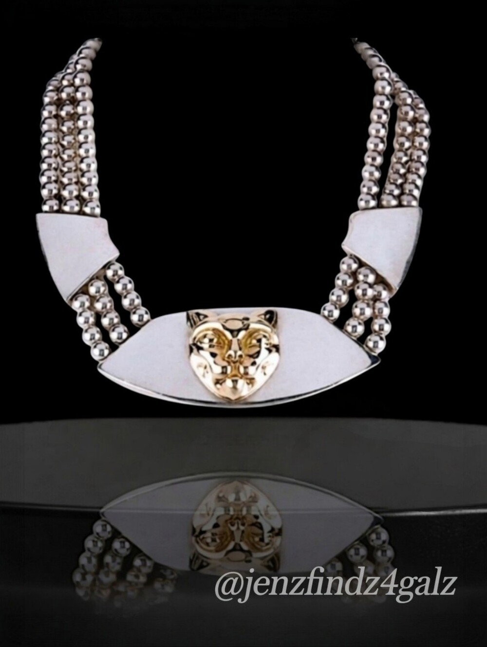 Patricia Von Musulin 254g Sterling Silver 18kt Gold Cat Head Necklace • 1980s